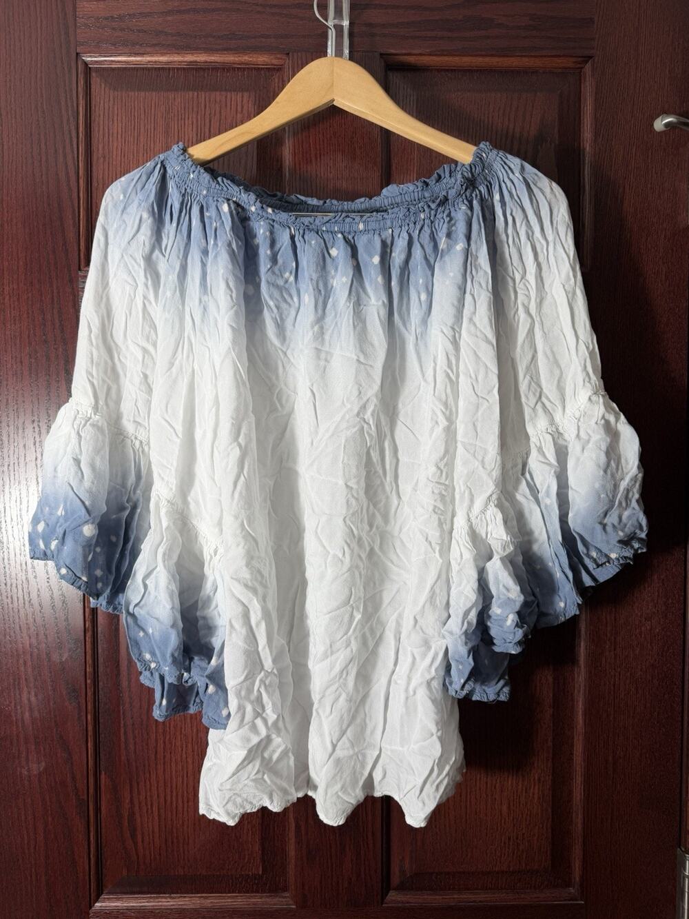 ELAN Ombre White Blue Boho Bell Ruffle Sleeve On Off Shoulder Tunic O/S Festival